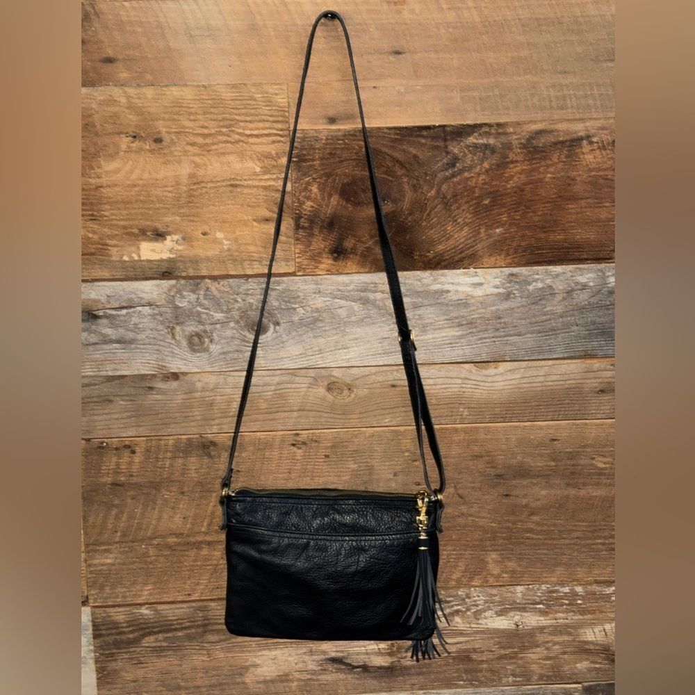 Margot Black Pebbled Leather Crossbody Bag Gold Hardware Tassel Zip Purse Womens